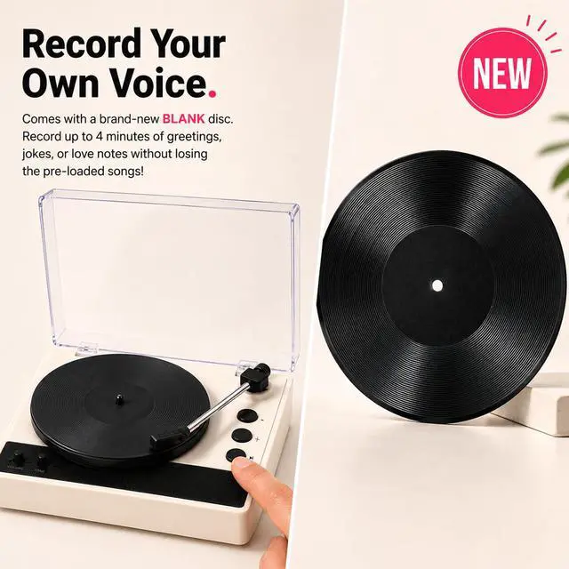 Alt view image 3 of 7 - Mini Record Player with Voice Recording, 4 Discs, Auto-Spinning Desk Decor | Includes 3 music discs and 1 blank disc. All 4 discs record. Recording over music erases it permanently