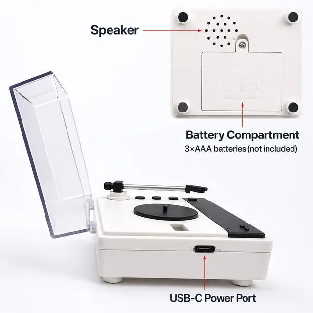 Alt view image 6 of 7 - Mini Record Player with Voice Recording, 4 Discs, Auto-Spinning Desk Decor | Includes 3 music discs and 1 blank disc. All 4 discs record. Recording over music erases it permanently