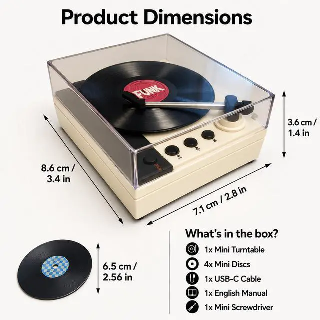 Alt view image 7 of 7 - Mini Record Player with Voice Recording, 4 Discs, Auto-Spinning Desk Decor | Includes 3 music discs and 1 blank disc. All 4 discs record. Recording over music erases it permanently