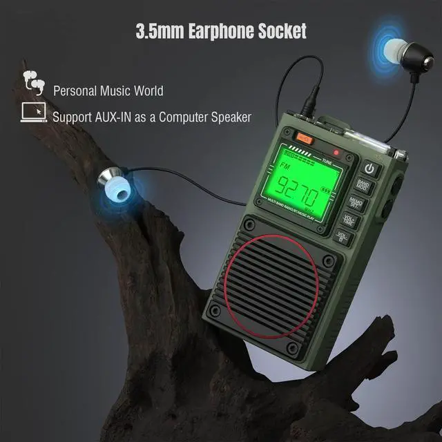 Alt view image 4 of 6 - RF75A App Control Shortwave Weather Radio, Army Green | AM/FM/VHF/SW/WB bands, rechargeable pocket size, includes 9.85 ft wire antenna