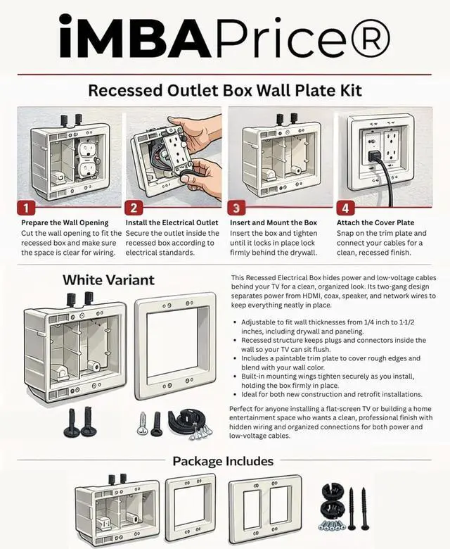 Alt view image 2 of 7 - TVBU505-1 Recessed TV Outlet Box, White, 2-Gang | In-Wall Electrical Box, Wall-Mounted TVs, Power & Low Voltage Cable Management