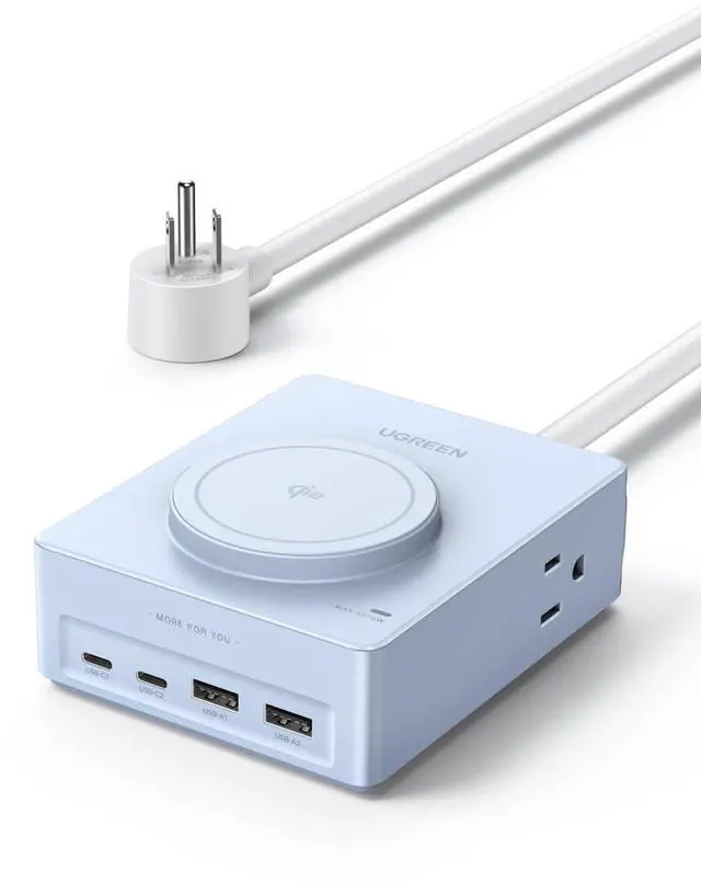 Main image of 15W 8-Port Wireless Charger Power Strip with 5FT Extension Cord | 2 USB-C, 2 USB-A, 4 AC, 15w Wireless Charging, 20W PD Charging, Desk Charging Station for Office, Conference, Home Use