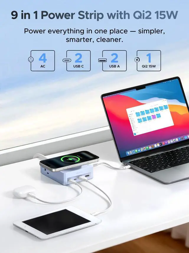 Alt view image 2 of 7 - 15W 8-Port Wireless Charger Power Strip with 5FT Extension Cord | 2 USB-C, 2 USB-A, 4 AC, 15w Wireless Charging, 20W PD Charging, Desk Charging Station for Office, Conference, Home Use