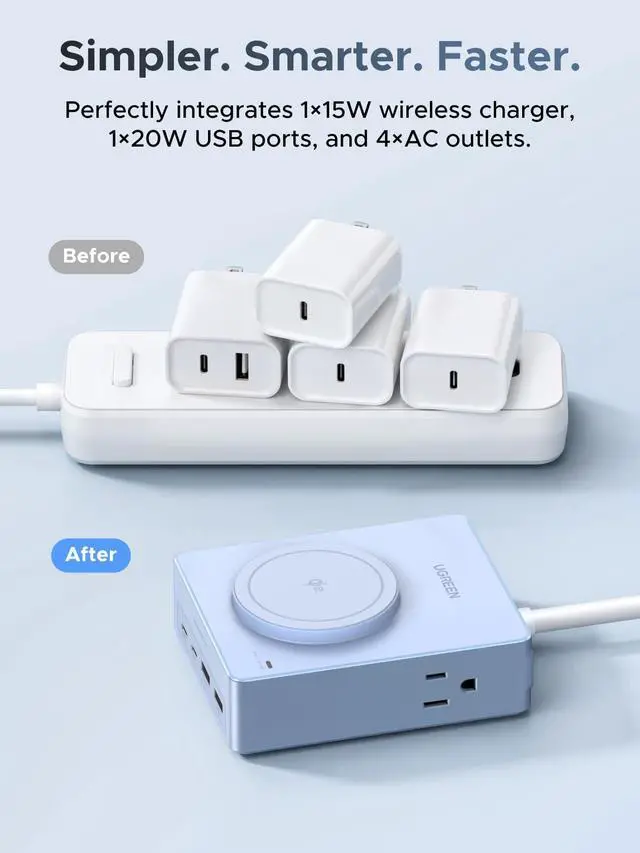 Alt view image 5 of 7 - 15W 8-Port Wireless Charger Power Strip with 5FT Extension Cord | 2 USB-C, 2 USB-A, 4 AC, 15w Wireless Charging, 20W PD Charging, Desk Charging Station for Office, Conference, Home Use