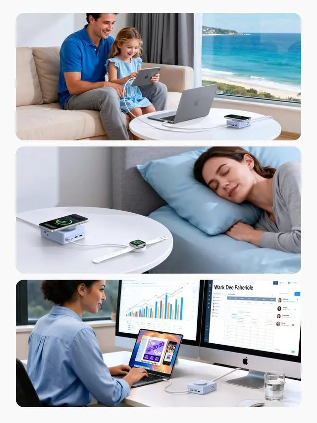 Alt view image 7 of 7 - 15W 8-Port Wireless Charger Power Strip with 5FT Extension Cord | 2 USB-C, 2 USB-A, 4 AC, 15w Wireless Charging, 20W PD Charging, Desk Charging Station for Office, Conference, Home Use