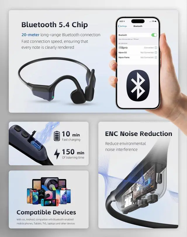 Alt view image 4 of 7 - Bone Conduction Headphones,Bluetooth 5.4 Open Ear Headset Black | Built-in Mic, 18H Playtime, 27g Ultra Lightweight, IPX6 Sweatproof, Ideal for Running, Cycling & Gym Workout