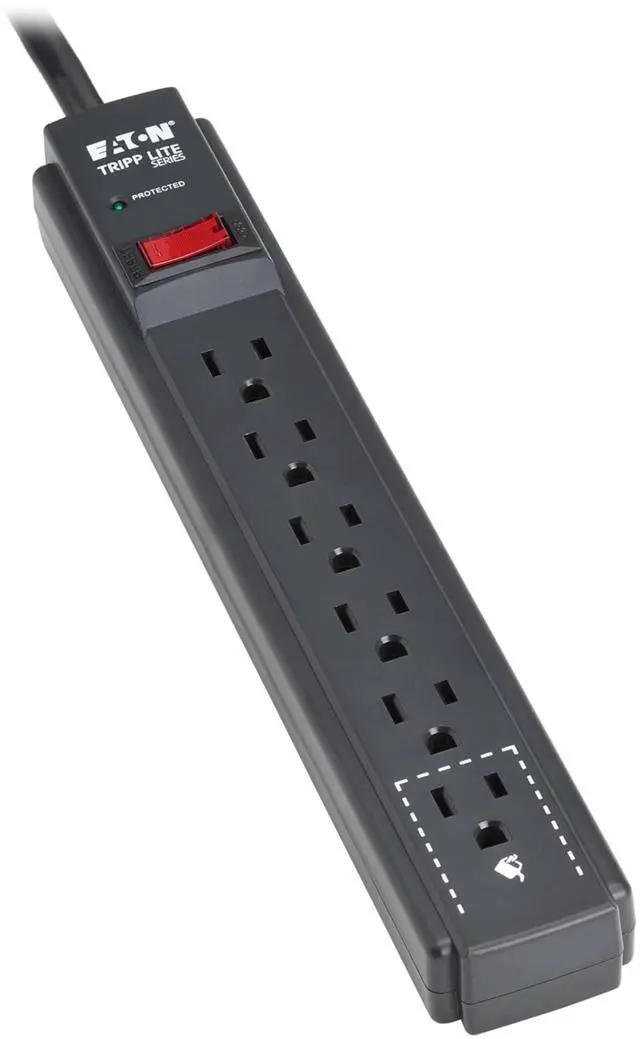 Main image of Eaton Series 6-Outlet Surge Protector Power Strip, 3ft Extension Cord, 600 Joules, 15A Circuit Breaker, Black, Manufacturer's & $10,000 Insurance (TLP63B)