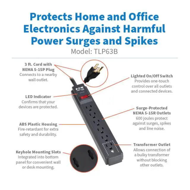 Alt view image 2 of 7 - Eaton Series 6-Outlet Surge Protector Power Strip, 3ft Extension Cord, 600 Joules, 15A Circuit Breaker, Black, Manufacturer's & $10,000 Insurance (TLP63B)