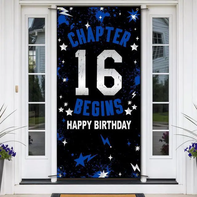 Main image of 16th Birthday Decorations for Boys Girls Blue Chapter 16 Begins Fabric Backdrop Banner 3x6 FT, 16 Sixteen Birthday Photo Background, Door Decor, Indoor Outdoor Teen Party Supplies