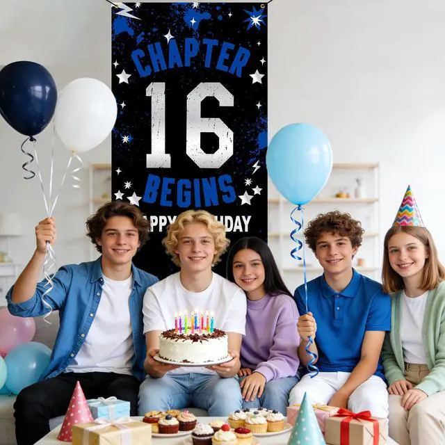 Alt view image 2 of 7 - 16th Birthday Decorations for Boys Girls Blue Chapter 16 Begins Fabric Backdrop Banner 3x6 FT, 16 Sixteen Birthday Photo Background, Door Decor, Indoor Outdoor Teen Party Supplies