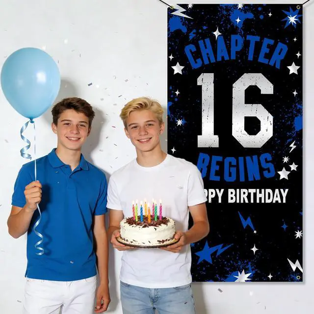 Alt view image 3 of 7 - 16th Birthday Decorations for Boys Girls Blue Chapter 16 Begins Fabric Backdrop Banner 3x6 FT, 16 Sixteen Birthday Photo Background, Door Decor, Indoor Outdoor Teen Party Supplies