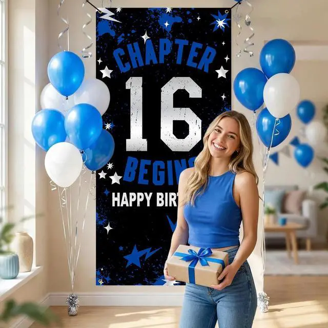Alt view image 4 of 7 - 16th Birthday Decorations for Boys Girls Blue Chapter 16 Begins Fabric Backdrop Banner 3x6 FT, 16 Sixteen Birthday Photo Background, Door Decor, Indoor Outdoor Teen Party Supplies