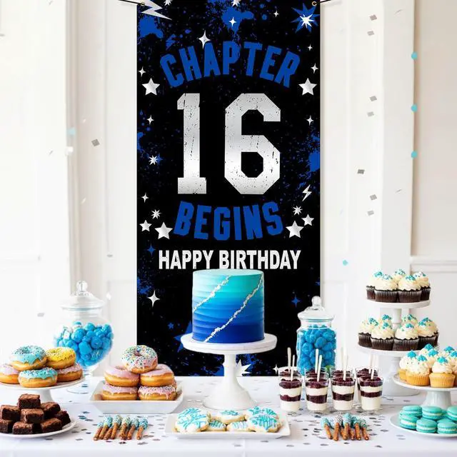 Alt view image 5 of 7 - 16th Birthday Decorations for Boys Girls Blue Chapter 16 Begins Fabric Backdrop Banner 3x6 FT, 16 Sixteen Birthday Photo Background, Door Decor, Indoor Outdoor Teen Party Supplies