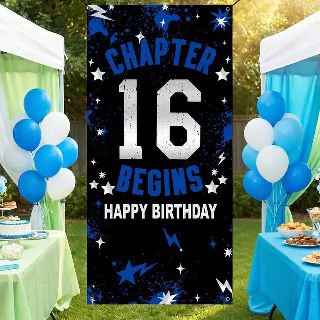 Alt view image 6 of 7 - 16th Birthday Decorations for Boys Girls Blue Chapter 16 Begins Fabric Backdrop Banner 3x6 FT, 16 Sixteen Birthday Photo Background, Door Decor, Indoor Outdoor Teen Party Supplies