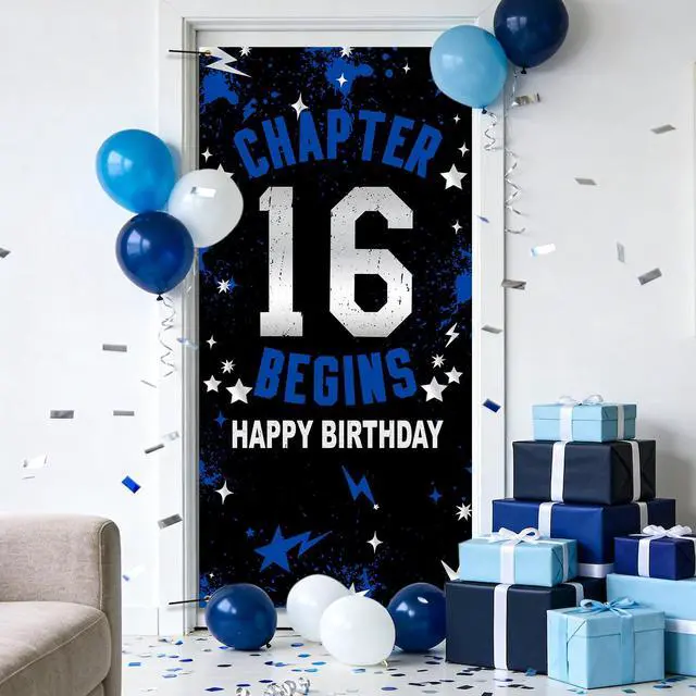 Alt view image 7 of 7 - 16th Birthday Decorations for Boys Girls Blue Chapter 16 Begins Fabric Backdrop Banner 3x6 FT, 16 Sixteen Birthday Photo Background, Door Decor, Indoor Outdoor Teen Party Supplies