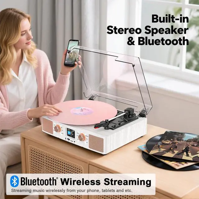 Alt view image 2 of 7 - Vinyl Record Player 3-Speed Bluetooth Turntable with Built-in Speakers, USB/TF Playback, LCD Color Display, Alarm, RCA/AUX/Headphone, White & Rose Gold