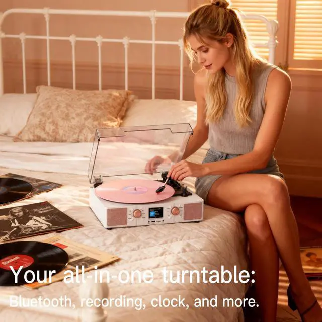 Alt view image 4 of 7 - Vinyl Record Player 3-Speed Bluetooth Turntable with Built-in Speakers, USB/TF Playback, LCD Color Display, Alarm, RCA/AUX/Headphone, White & Rose Gold