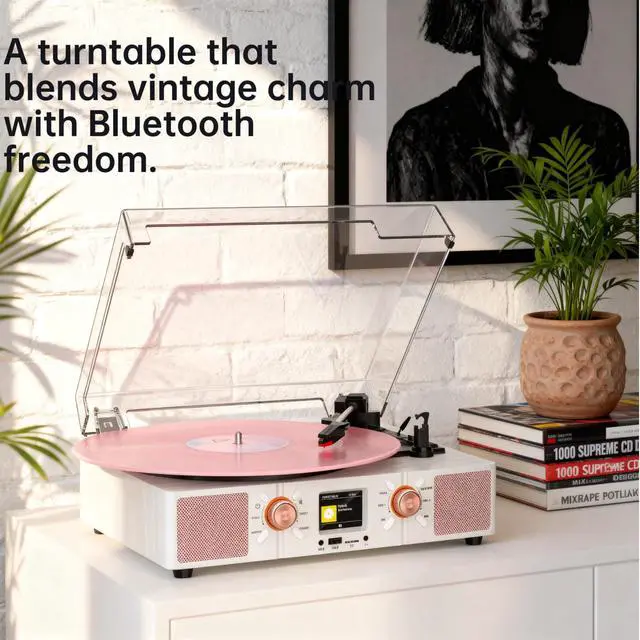 Alt view image 3 of 7 - Vinyl Record Player 3-Speed Bluetooth Turntable with Built-in Speakers, USB/TF Playback, LCD Color Display, Alarm, RCA/AUX/Headphone, White & Rose Gold