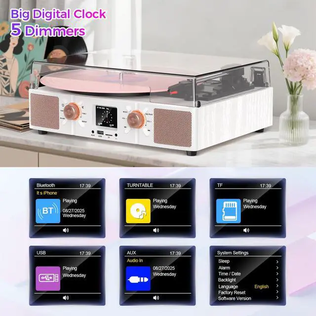 Alt view image 5 of 7 - Vinyl Record Player 3-Speed Bluetooth Turntable with Built-in Speakers, USB/TF Playback, LCD Color Display, Alarm, RCA/AUX/Headphone, White & Rose Gold