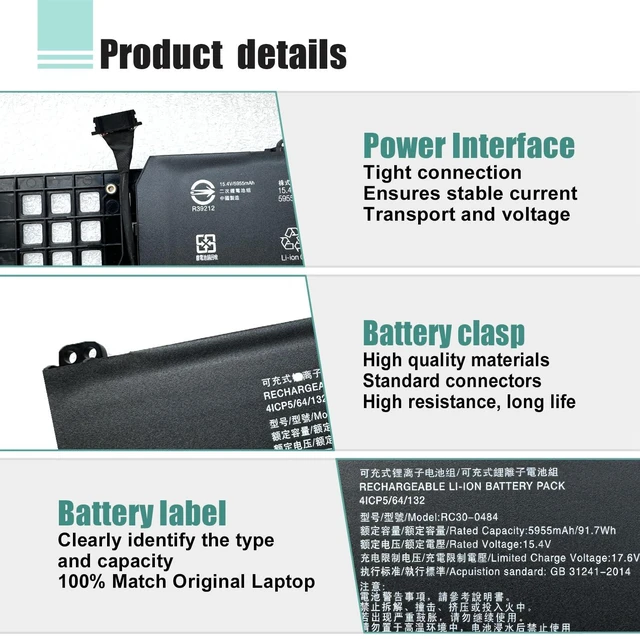 Alt view image 4 of 7 - RC30-0484 Laptop Battery for Razer Blade 18 2023 RZ09-0484X for Razer Blade 18 2024 RZ09-0509 Series RZ090480 RZ090484 15.4V 91.7Wh 5955mAh