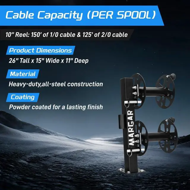 Alt view image 2 of 6 - Heavy Duty Double Welding Cable Lead Reel, 10°Tilting Fixed Base, Accommodates 150 Feet of 1/0 and 125 Feet of 2/0 Cable (10" Reel)