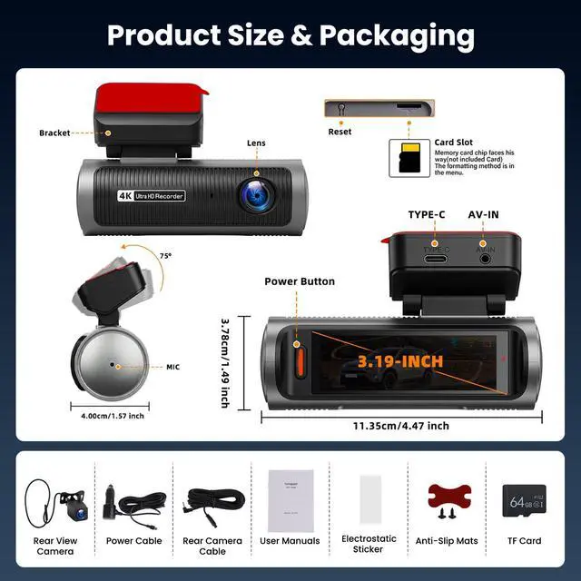 Alt view image 7 of 7 - 4K Dual Channel Dash Cam 360° Front and Rear, 64G