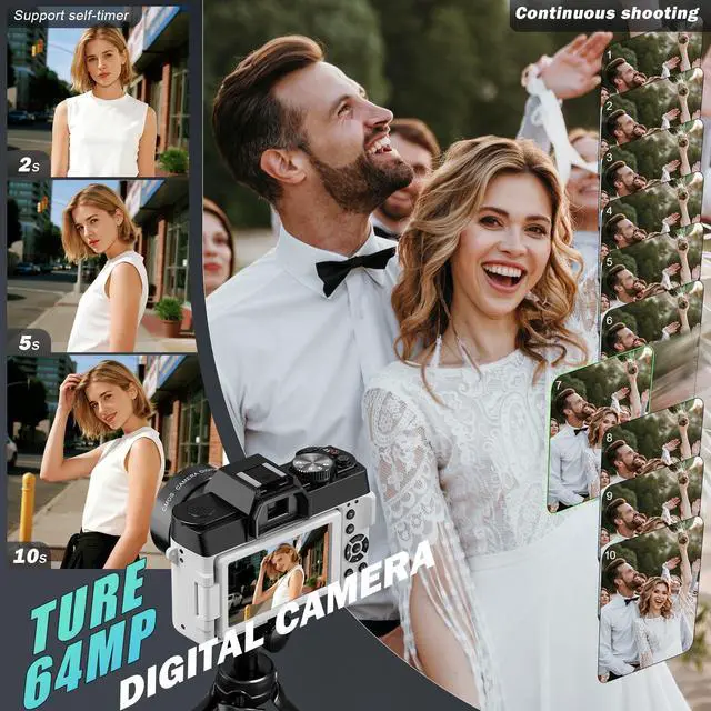 Alt view image 2 of 7 - True 8K Digital Cameras for Photography 64MP - WiFi, Wide-Angle & Macro Lens, 16X Zoom Autofocus, 3" 180° Flip Screen, 64GB Card, Vlogging Camera for YouTube Travel(Pearl White)