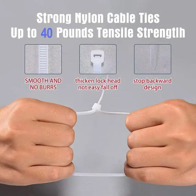 Alt view image 4 of 6 - 8 Inch Zip Ties White 2000 Pack Bulk, 40 lb Tensile Strength Nylon Cable Ties, UV Resistant Self-Locking Wire Ties for Cable Management, Garden, Garage, Home and Indoor Outdoor Use