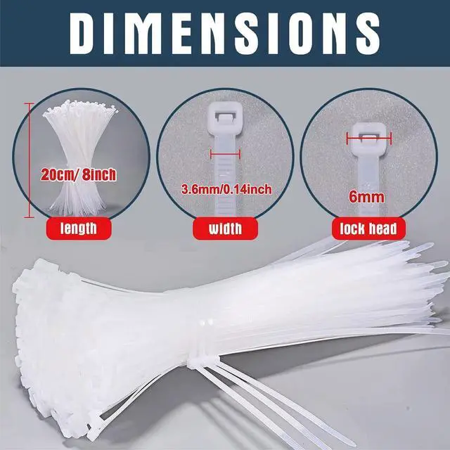 Alt view image 5 of 6 - 8 Inch Zip Ties White 2000 Pack Bulk, 40 lb Tensile Strength Nylon Cable Ties, UV Resistant Self-Locking Wire Ties for Cable Management, Garden, Garage, Home and Indoor Outdoor Use