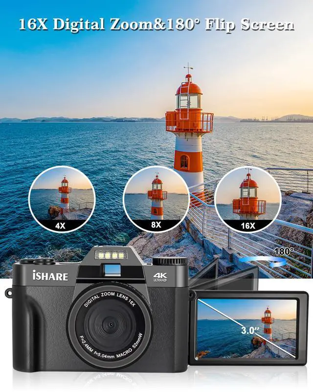 Alt view image 4 of 7 - 4K Digital Camera for YouTube Compact Video Camera with Microphone Anti-Shake Night Vision 16X Zoom Travel Family Vlogging Daily Recording Beginners Kids