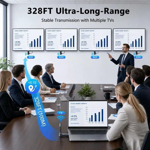 Alt view image 2 of 7 - 2027 New Wireless HDMI Transmitter and 2 Recievers | Up to 6 RXs, 328FT Range, 4K to 1080P@60Hz, 5.8GHz, Plug and Play, for Laptop/Camera/Cable Box Streaming to Multiple Screens