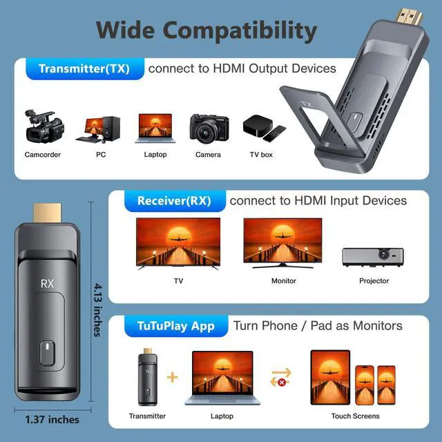 Alt view image 6 of 7 - 2027 New Wireless HDMI Transmitter and 2 Recievers | Up to 6 RXs, 328FT Range, 4K to 1080P@60Hz, 5.8GHz, Plug and Play, for Laptop/Camera/Cable Box Streaming to Multiple Screens
