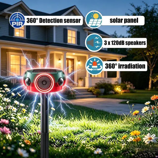 Alt view image 3 of 7 - Solar Outdoor Motion Sensor Alarm - 360° Detection & 3x120dB Speakers, 3 Sensors, Universal Mount & Ground Stake, IP65 Waterproof Security Alarm for Yard, Farm, Warehouse (1pack)