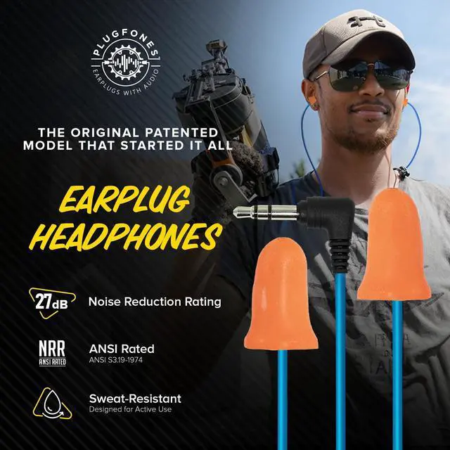 Alt view image 2 of 7 - Basic Earplug Headphones Earplug-Earbud Hybrid 27 dB Noise Reduction Rating OSHA Compliant Hearing Protection Earphones Noise Reducing Work Headphones Orange Foam Bell Earplugs