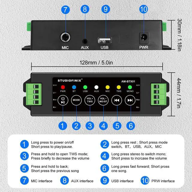 Alt view image 2 of 7 - STUODIOFINIX 4-Channel Mini Bluetooth Amplifier 120w for Passive Speakers with TWS,AUX,MIC,USB,Replacement Part,Suitable for Wall/Ceiling/Marine/Bookshelf Speakers