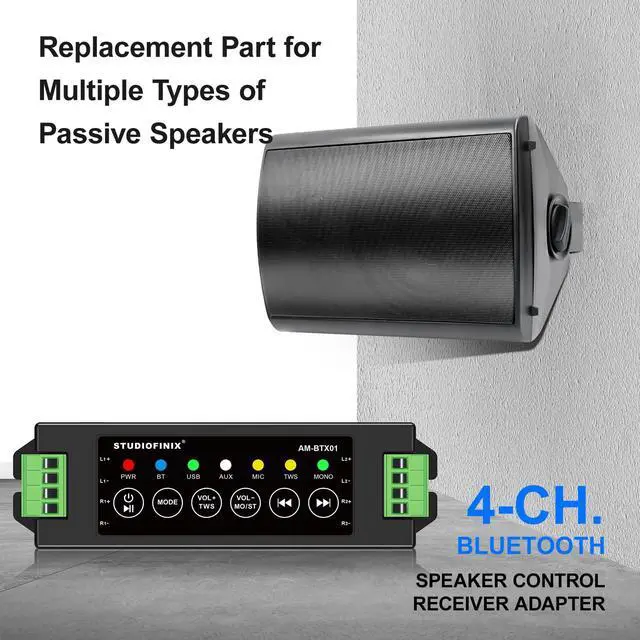Alt view image 3 of 7 - STUODIOFINIX 4-Channel Mini Bluetooth Amplifier 120w for Passive Speakers with TWS,AUX,MIC,USB,Replacement Part,Suitable for Wall/Ceiling/Marine/Bookshelf Speakers