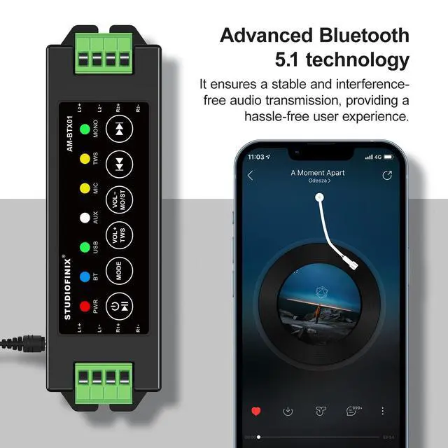 Alt view image 4 of 7 - STUODIOFINIX 4-Channel Mini Bluetooth Amplifier 120w for Passive Speakers with TWS,AUX,MIC,USB,Replacement Part,Suitable for Wall/Ceiling/Marine/Bookshelf Speakers
