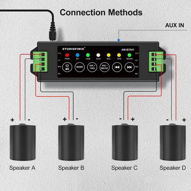 Alt view image 5 of 7 - STUODIOFINIX 4-Channel Mini Bluetooth Amplifier 120w for Passive Speakers with TWS,AUX,MIC,USB,Replacement Part,Suitable for Wall/Ceiling/Marine/Bookshelf Speakers