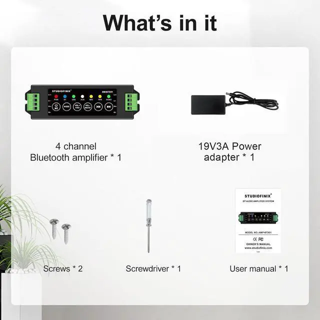 Alt view image 7 of 7 - STUODIOFINIX 4-Channel Mini Bluetooth Amplifier 120w for Passive Speakers with TWS,AUX,MIC,USB,Replacement Part,Suitable for Wall/Ceiling/Marine/Bookshelf Speakers