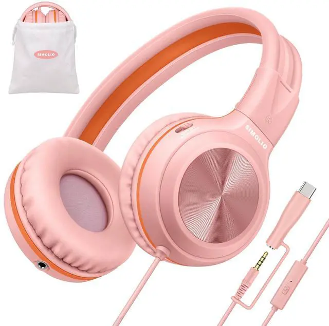 Main image of Kids Wired Headphones for School, USB C to 3.5mm Dongle Stereo Sound Foldable Headphones w/Mic, Share Port & Safe Volume, Passive Noise Cancelling w/Pouch for iPhone iPad PC Travel (Pink)