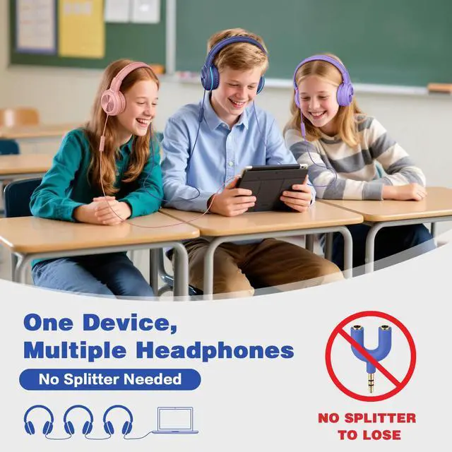 Alt view image 3 of 7 - Kids Wired Headphones for School, USB C to 3.5mm Dongle Stereo Sound Foldable Headphones w/Mic, Share Port & Safe Volume, Passive Noise Cancelling w/Pouch for iPhone iPad PC Travel (Pink)