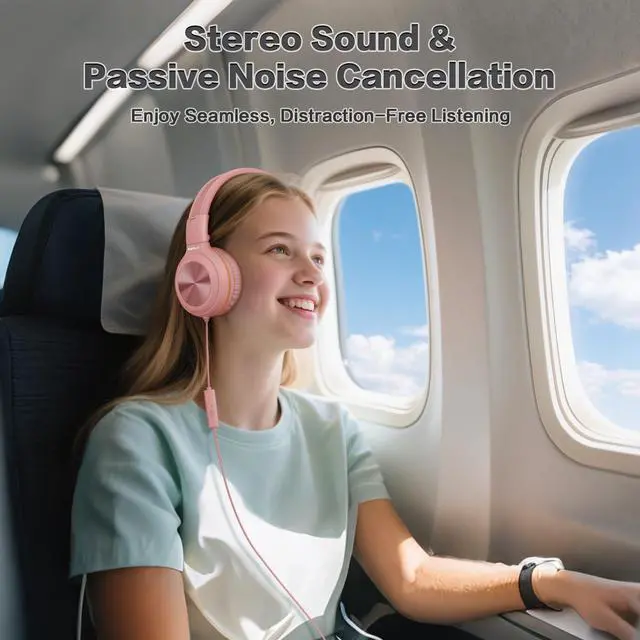 Alt view image 5 of 7 - Kids Wired Headphones for School, USB C to 3.5mm Dongle Stereo Sound Foldable Headphones w/Mic, Share Port & Safe Volume, Passive Noise Cancelling w/Pouch for iPhone iPad PC Travel (Pink)