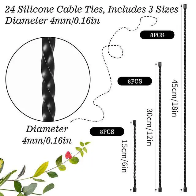 Alt view image 2 of 7 - 24Pcs Silicone Cable Ties 6/12/18 Inch Reusable Silicone Twist Ties Steel-Core Cable Tie Straps for Bundling and Organizing Bendable Cord Tie Holder Strap for Indoor and Outdoor All Purpose (Black)