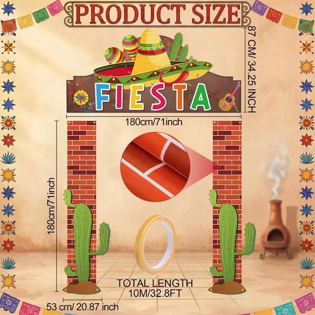 Alt view image 2 of 7 - 3 Pcs Fiesta Party Banner Decorations Mexican Themed Backdrop with Sombrero | Cactus and Guitar, Reusable Fiesta Backdrop for Taco Tuesday, Birthday, Bachelorette and Backyard Party Supplies