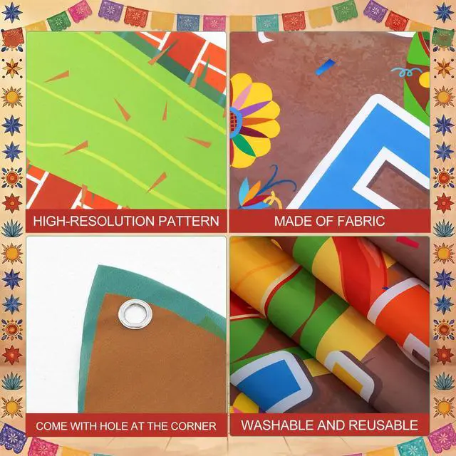Alt view image 3 of 7 - 3 Pcs Fiesta Party Banner Decorations Mexican Themed Backdrop with Sombrero | Cactus and Guitar, Reusable Fiesta Backdrop for Taco Tuesday, Birthday, Bachelorette and Backyard Party Supplies