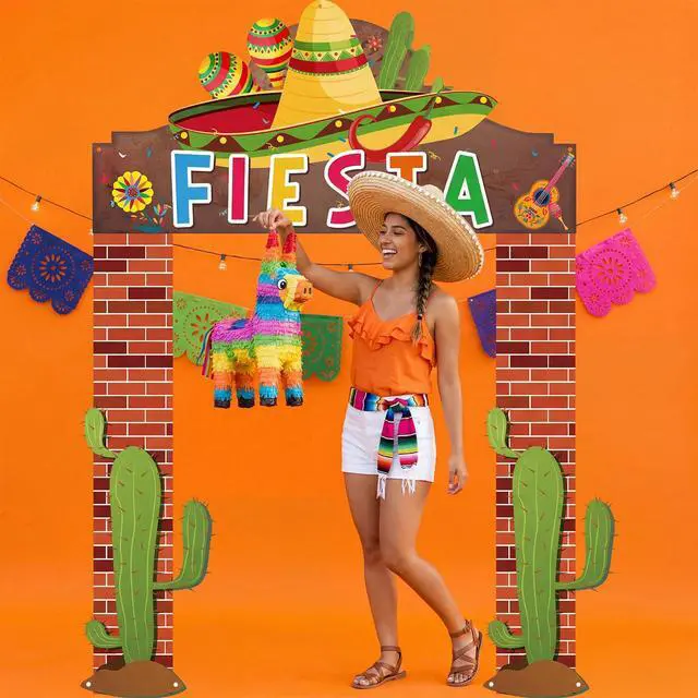 Alt view image 5 of 7 - 3 Pcs Fiesta Party Banner Decorations Mexican Themed Backdrop with Sombrero | Cactus and Guitar, Reusable Fiesta Backdrop for Taco Tuesday, Birthday, Bachelorette and Backyard Party Supplies
