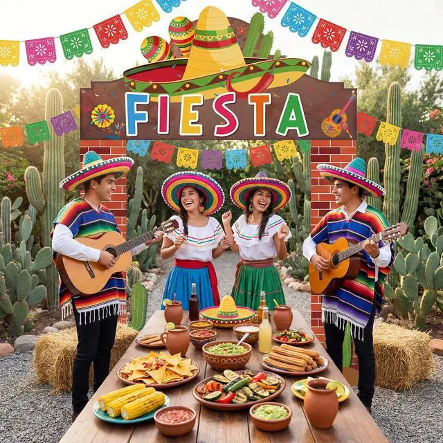 Alt view image 6 of 7 - 3 Pcs Fiesta Party Banner Decorations Mexican Themed Backdrop with Sombrero | Cactus and Guitar, Reusable Fiesta Backdrop for Taco Tuesday, Birthday, Bachelorette and Backyard Party Supplies