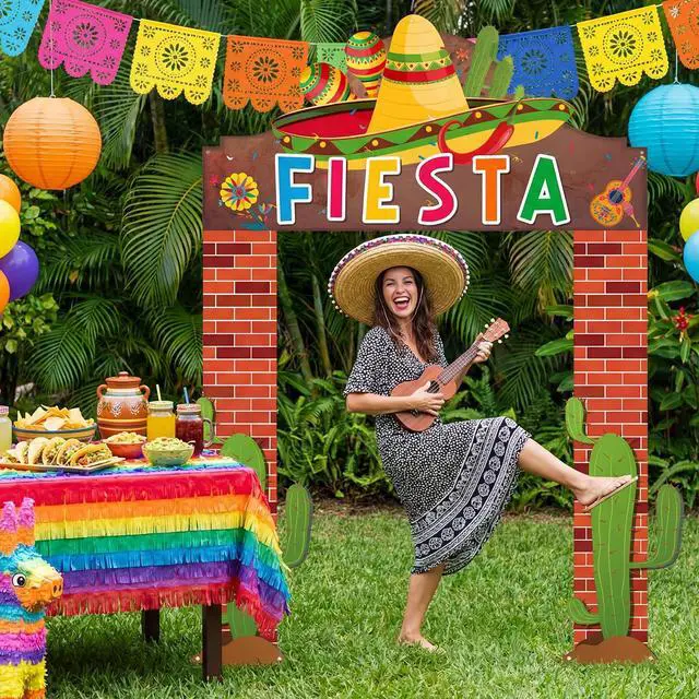 Alt view image 7 of 7 - 3 Pcs Fiesta Party Banner Decorations Mexican Themed Backdrop with Sombrero | Cactus and Guitar, Reusable Fiesta Backdrop for Taco Tuesday, Birthday, Bachelorette and Backyard Party Supplies
