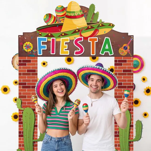 Alt view image 4 of 7 - 3 Pcs Fiesta Party Banner Decorations Mexican Themed Backdrop with Sombrero | Cactus and Guitar, Reusable Fiesta Backdrop for Taco Tuesday, Birthday, Bachelorette and Backyard Party Supplies