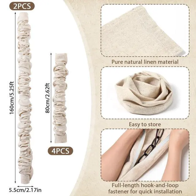 Alt view image 2 of 7 - 6 Pack Fabric Cord Cover for Electric Wire Chandelier Chain Cover Swing Chain Linen Shade with Hidden Hook Loop Closure Sleeves for Chandelier Wires Cable Swing(Beige,2×5.3ft, 4×2.6ft)